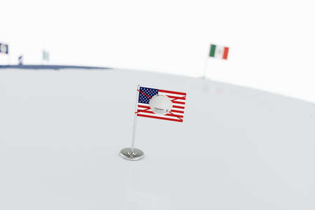 Coronavirus medical surgical face mask on the USA national flag. Illness, pandemic, virus covid-19 in America, concept 3d rendering illustrationの写真素材