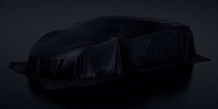 New racing design car covered with black cloth presentation. 3d rendering illustration isolatedの写真素材