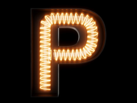 Light bulb glowing letter alphabet character P font. Front view illuminated capital symbol on black background. 3d rendering illustrationの写真素材
