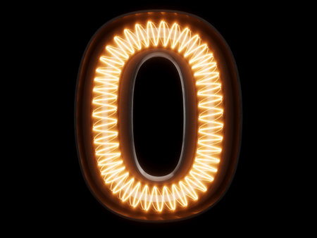 Light bulb spiral glowing digit alphabet character 0 zero null font. Front view illuminated number 1 symbol on black background. 3d rendering illustrationの写真素材