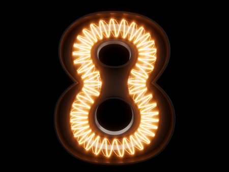 Light bulb spiral glowing digit alphabet character 8 eight font. Front view illuminated number 8 symbol on black background. 3d rendering illustrationの写真素材