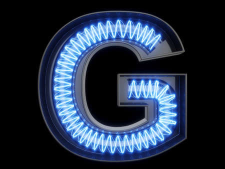 Light bulb glowing letter alphabet character G font. Front view illuminated capital symbol on black background. 3d rendering illustrationの写真素材