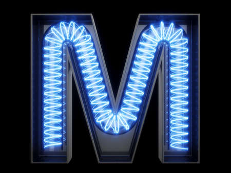 Light bulb glowing letter alphabet character M font. Front view illuminated capital symbol on black background. 3d rendering illustrationの写真素材