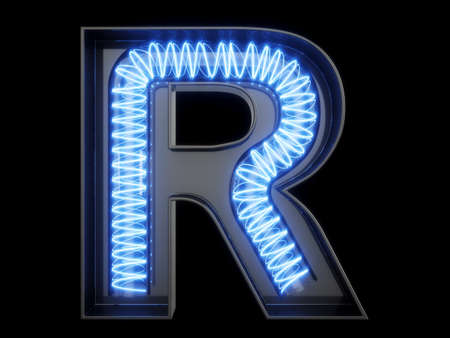 Light bulb glowing letter alphabet character R font. Front view illuminated capital symbol on black background. 3d rendering illustrationの写真素材