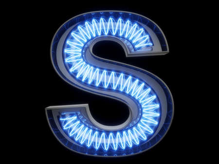 Light bulb glowing letter alphabet character S font. Front view illuminated capital symbol on black background. 3d rendering illustrationの写真素材