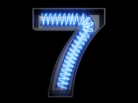 Light bulb spiral glowing digit alphabet character 7 seven font. Front view illuminated number 7...
