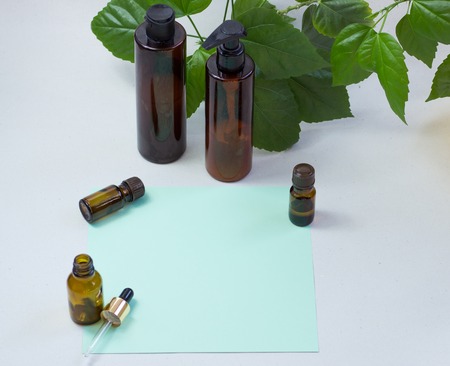 Dark cosmetic bottles and green natural leaves on a light background. Green empty card, sheet for writing. Layoutfor adding inscriptions. The concept of natural environmentally friendly cosmeticsの写真素材