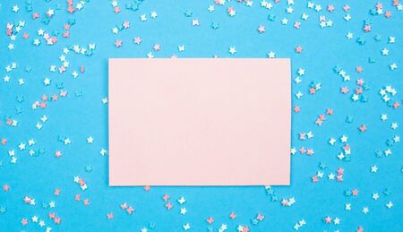 Layout for recording. Pink sheet for writing on a blue background with decorative multicolored...