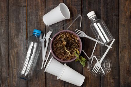 A withered plant between plastic waste, bottles, glasses. Nature pollution.