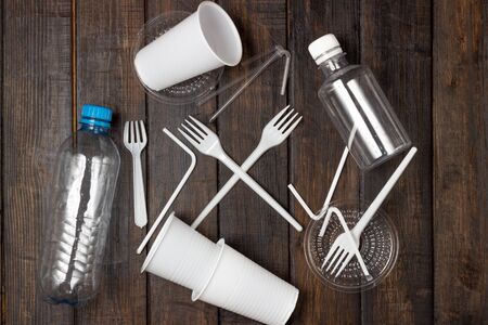 Plastic waste, bottles, glasses, trash. Nature pollution.の写真素材