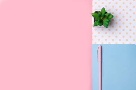 Female workspace with open notebook and pencil on a white table. Work from home, blogger workplace.の写真素材