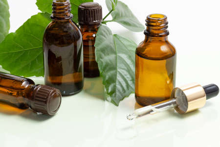 Glass cosmetic bottles with a dropper stand next to green leaves on a white background. Organic cosmetics concept, natural essential oil and creamの写真素材
