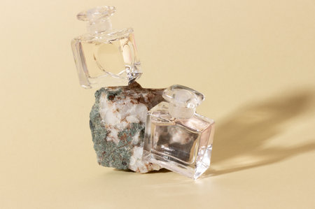 Glass perfume bottles stand on a stone. Natural perfumery.の写真素材