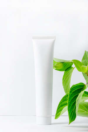 Moisturizing face and eyelid cream with natural extracts. White cosmetic tube with fresh herbsの写真素材