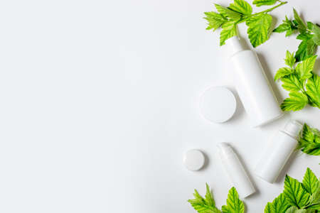 A set of cosmetic products in white tubes and with green leaves with empty space for labeling. natural cosmetics for face and body skin care. Moisturizing cream, purifying mask.の写真素材