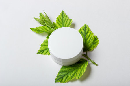 Womens cosmetics with natural ingredients. Means for face and body skin care. Eco-friendly tube of face cream on a white background with fresh herbs. Copy space, layoutの写真素材