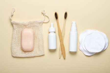 Wooden toothbrush, solid shampoo, handmade soap, cotton makeup remover wipes. Zero Waste Concept Eco-Friendly Body Care Cosmeticsの写真素材