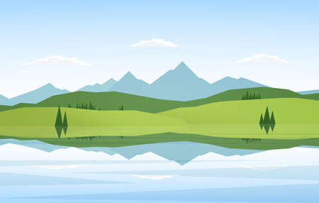 Mountains and lake landscape with pine trees and reflection.のイラスト素材