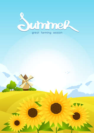 Vector illustration: Rural landscape with fields and windmill and sunflowersのイラスト素材