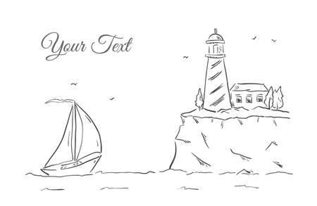 Vector illustration: Hand drawn sketch with yacht and lighthouse. Line designのイラスト素材