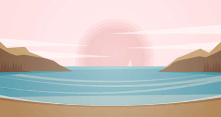 Vector illustration: Marine landscape with coast, rocks, yacht and sunset.のイラスト素材