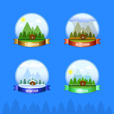 The house icon in the woods on a background of mountains. All seasons: summer, autumn, winter, spring.のイラスト素材