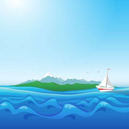Seascape with island and yacht.のイラスト素材