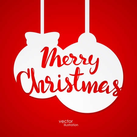 Handwritten Calligraphic lettering of Marry Christmas on Christmas white balls background.のイラスト素材