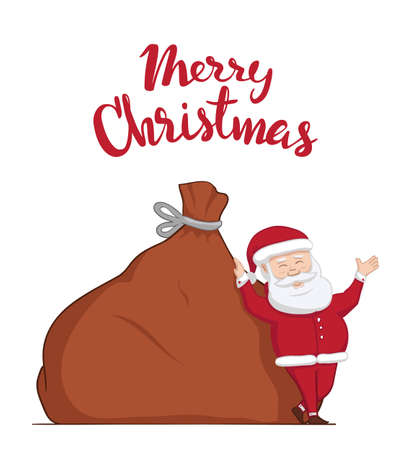 Vector illustration: Santa Claus is leaning on big sack with gifts. Hand drawn lettering of Merry Christmas. Winter Greeting sceneのイラスト素材
