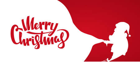 Vector illustration: Design template of banner with Silhouette of Santa Claus pulls a heavy bag full of gifts. Handwritten lettering of Merry Christmas.のイラスト素材