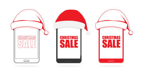 A Vector illustration: Set of three phones with Santa Claus hat isolated on white backgroundのイラスト素材
