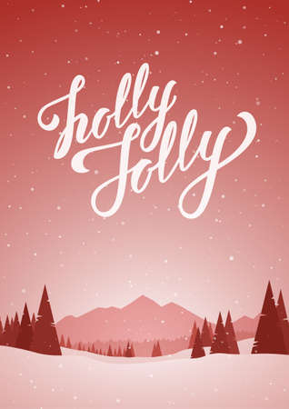Red winter snowy landscape with hand lettering of Holly Jolly, pines and mountains. Merry Christmas and Happy New Year.の写真素材