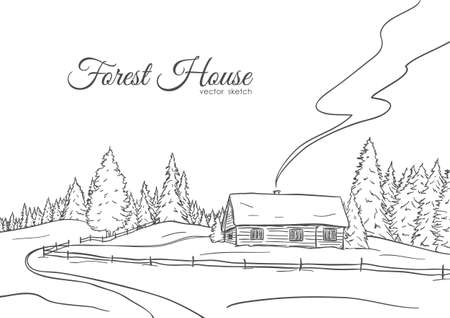 Vector illustration: Hand drawn landscape with road to house and pine forest. Sketch line designのイラスト素材