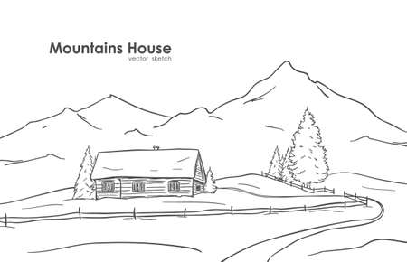 Hand drawn sketch of landscape with mountains houseのイラスト素材