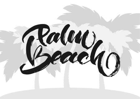 Vector illustration. Vintage hand lettering print of Palm Beach on silhouette of palm trees background. T-shirt design.のイラスト素材