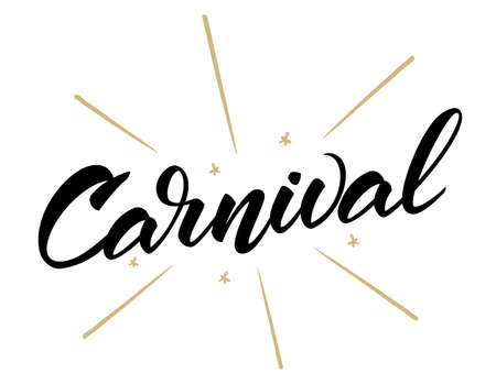 Handwritten lettering of Carnival with golden stars and rays fireworks.のイラスト素材