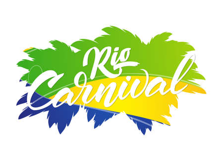 Vector illustration: Hand drawn lettering composition of Rio Carnival on background of Brazilian colors.のイラスト素材