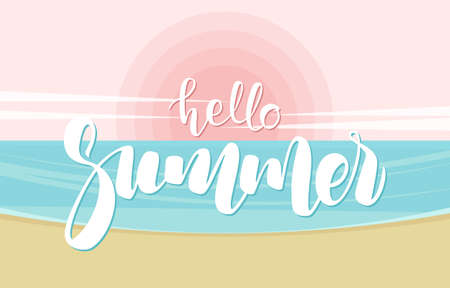 Vector illustration: Handwritten lettering of Hello Summer on ocean beach backgroundのイラスト素材