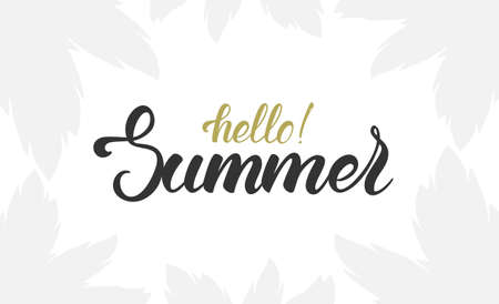 Vector illustration: Brush lettering of Hello Summer with light silhouette of palm leaves.のイラスト素材