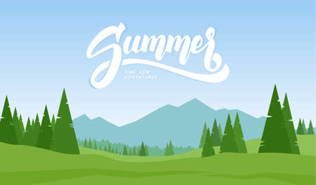 Vector illustration. Mountains landscape with hand lettering of Summer and pines on foreground.のイラスト素材