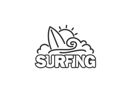 Vector illustration: Hand drawn line icon of Surfing with waves, surfboard and sun.のイラスト素材