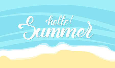 Brush lettering of Hello Summer on ocean beach background.のイラスト素材