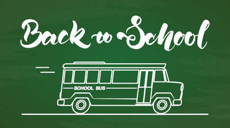 Vector illustration: Handwritten lettering of Back to School with Bus on chalkboard backgroundのイラスト素材