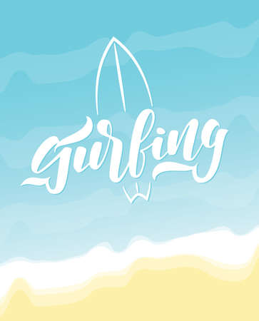 Vector illustration. Vintage hand lettering emblem of Surfing club with boards on beach backgroundのイラスト素材