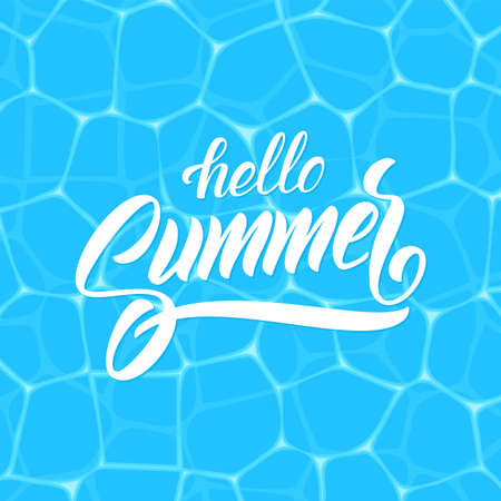 Brush lettering composition of Hello Summer on blue water background.のイラスト素材