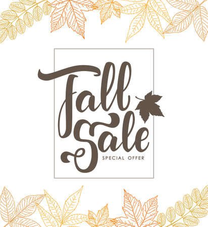 Handwritten brush lettering composition of Fall Sale on foliage background.のイラスト素材