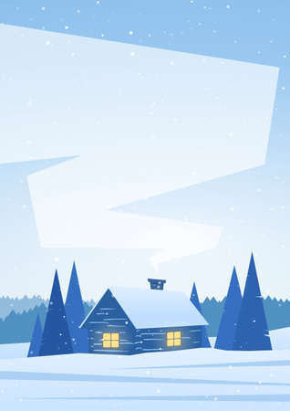 Winter snowy vertical landscape with house in forest and space for text.のイラスト素材