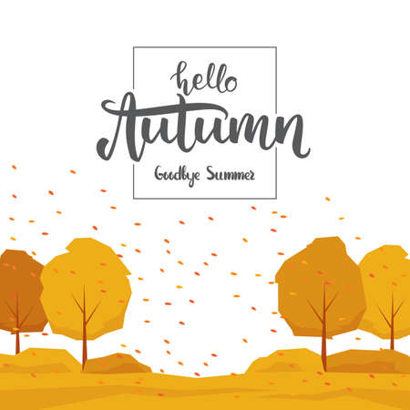 Background with trees, leaves fall and handwritten lettering Hello Autumn goodbye Summer.のイラスト素材