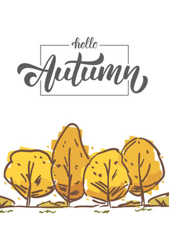 Hand drawn poster with sketch trees and handwritten lettering of hello autumn.のイラスト素材