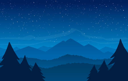 Hand Drawn Night Mountains landscape with stars on the skyのイラスト素材